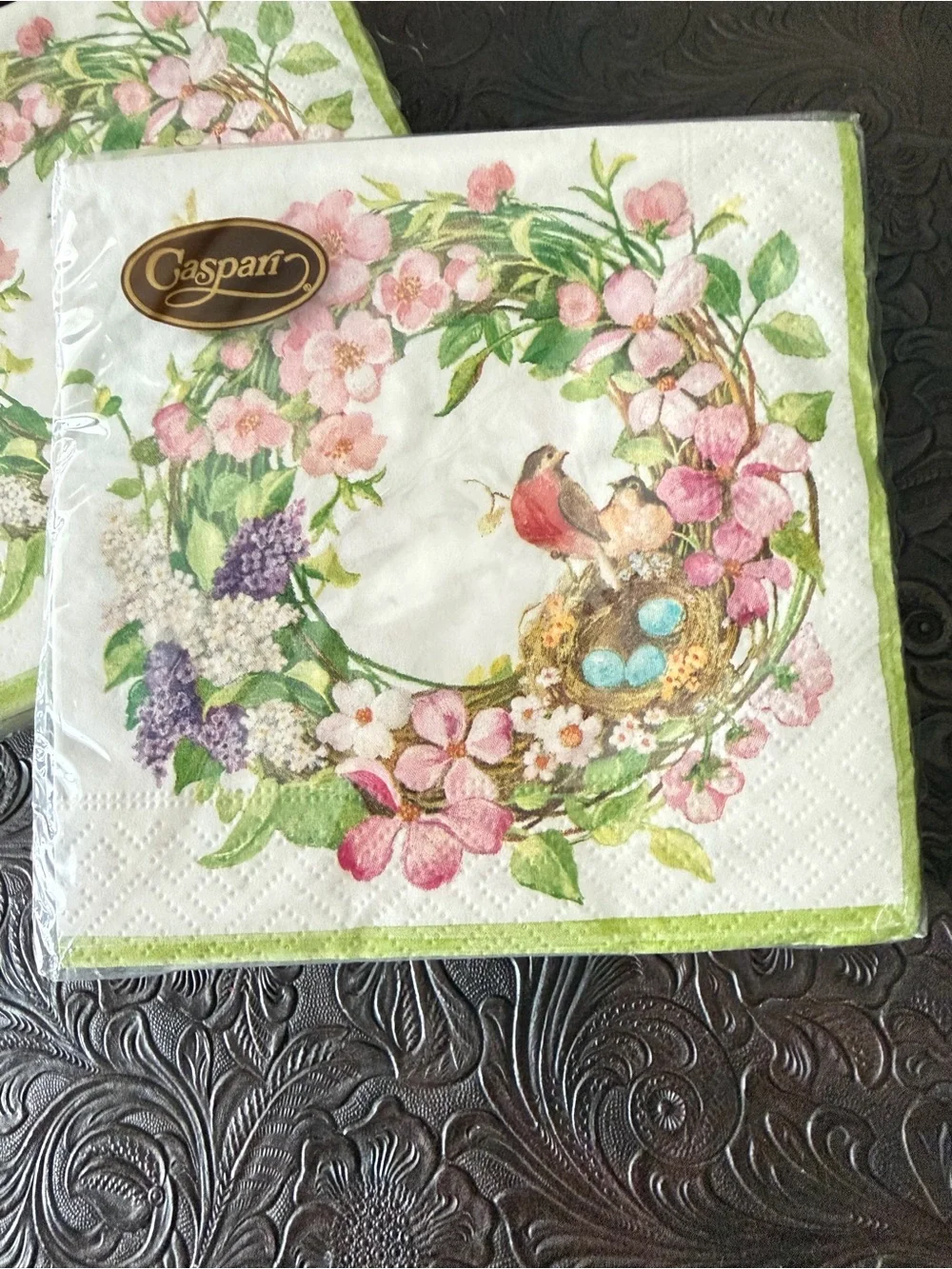 Three packages of Caspari napkins. 1 lunch 2 cocktail Floral Bird Paper Napkins